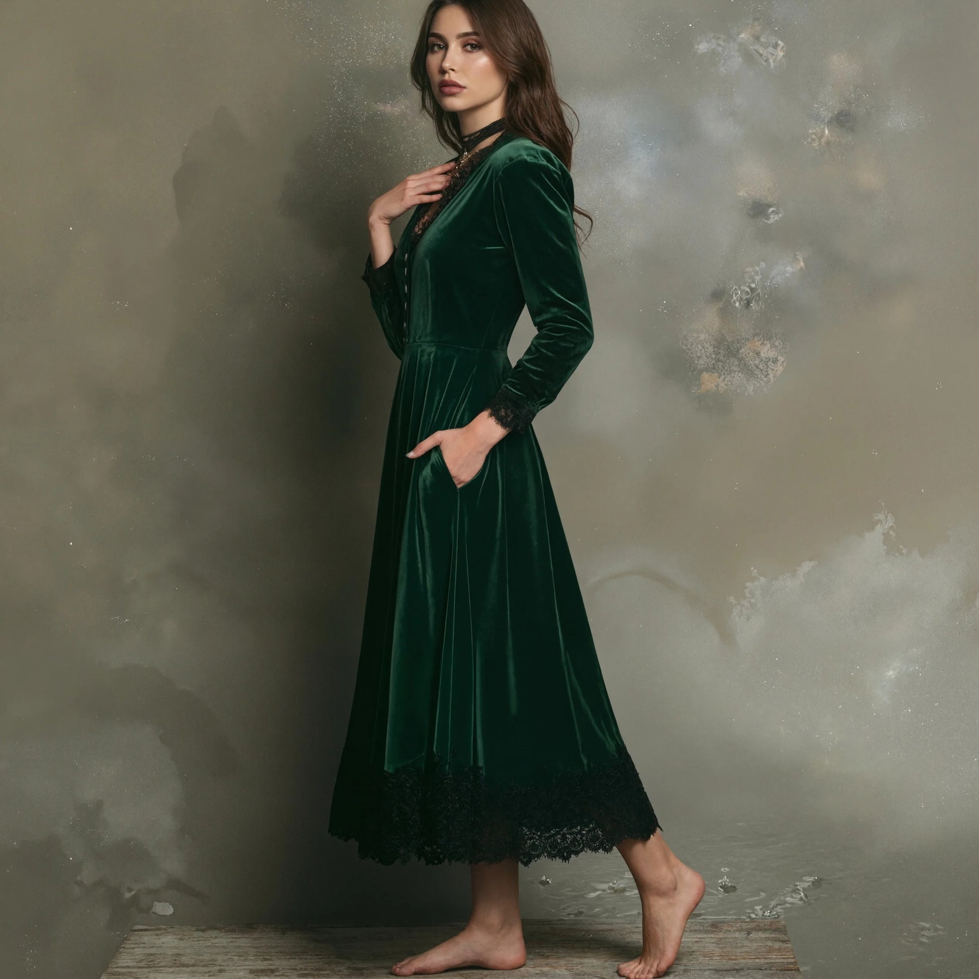 Silvia Women’s A-line Dress in Velvet Look with Lace Detail | V-neck, High Waist | The Lineage