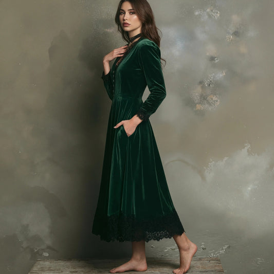 Silvia Women’s A-line Dress in Velvet Look with Lace Detail | V-neck, High Waist | The Lineage