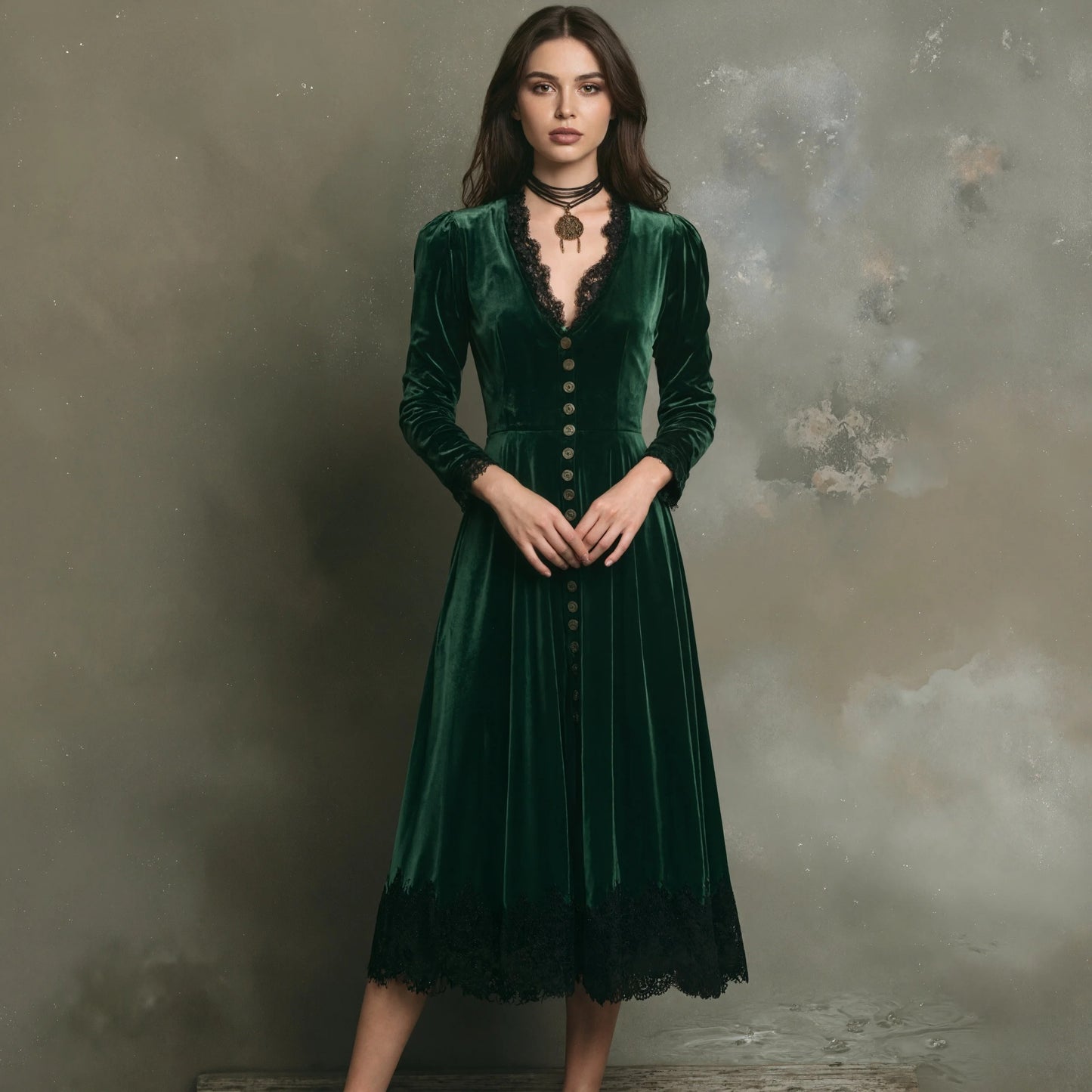 Silvia Women’s A-line Dress in Velvet Look with Lace Detail | V-neck, High Waist | The Lineage