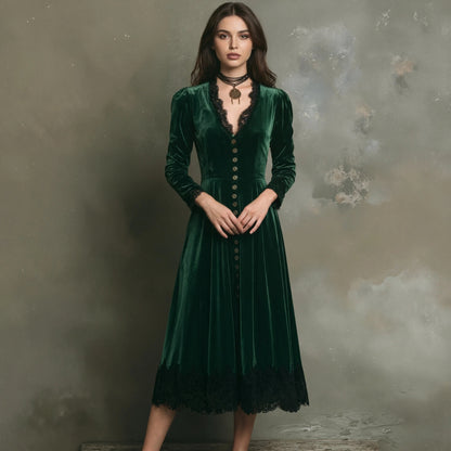 Silvia Women’s A-line Dress in Velvet Look with Lace Detail | V-neck, High Waist | The Lineage